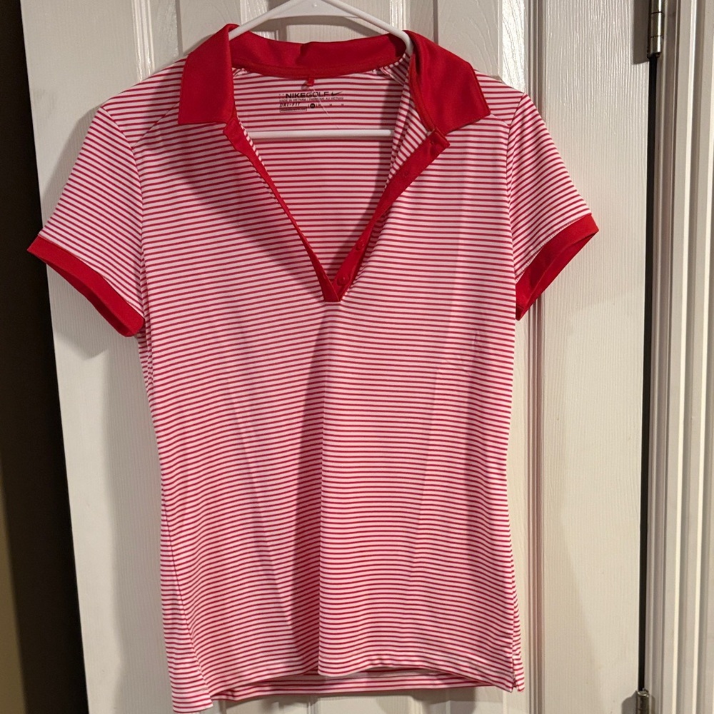 Nike Red and White Striped Polo golf Shirt Fri-fit women’s medium